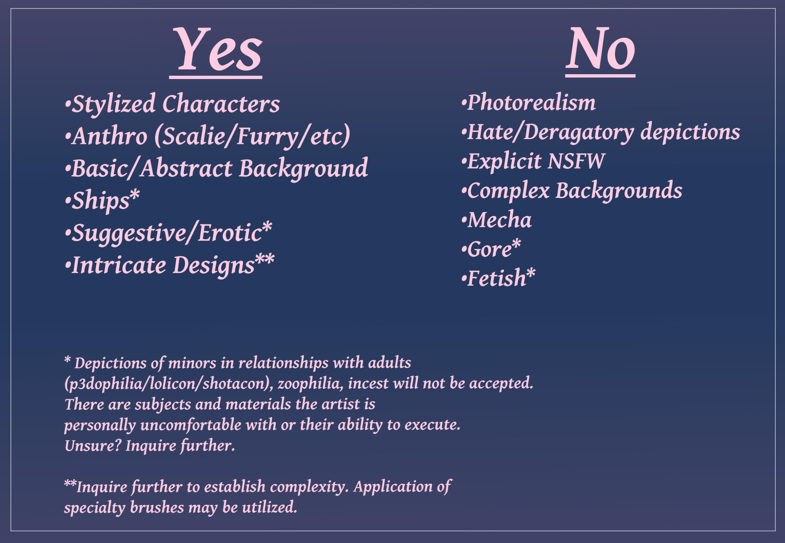 A non-exhaustive list of subjects Trinket can, will, or will not accept commissions of.