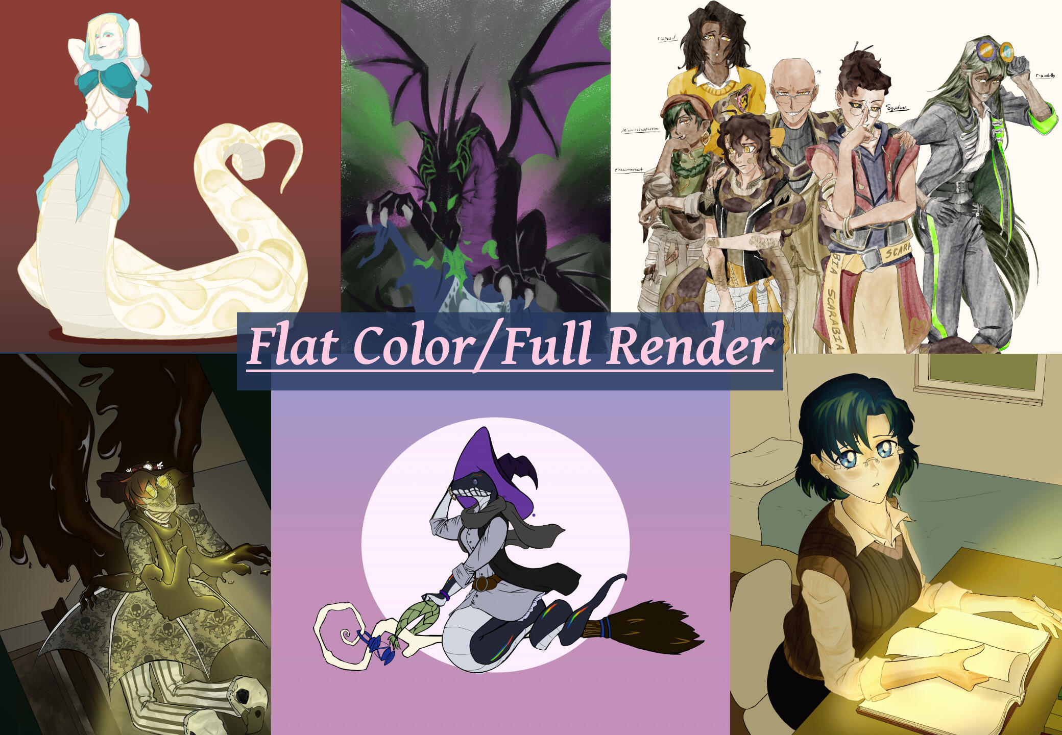 6 example collage of Flat and fully rendered color illustrations.